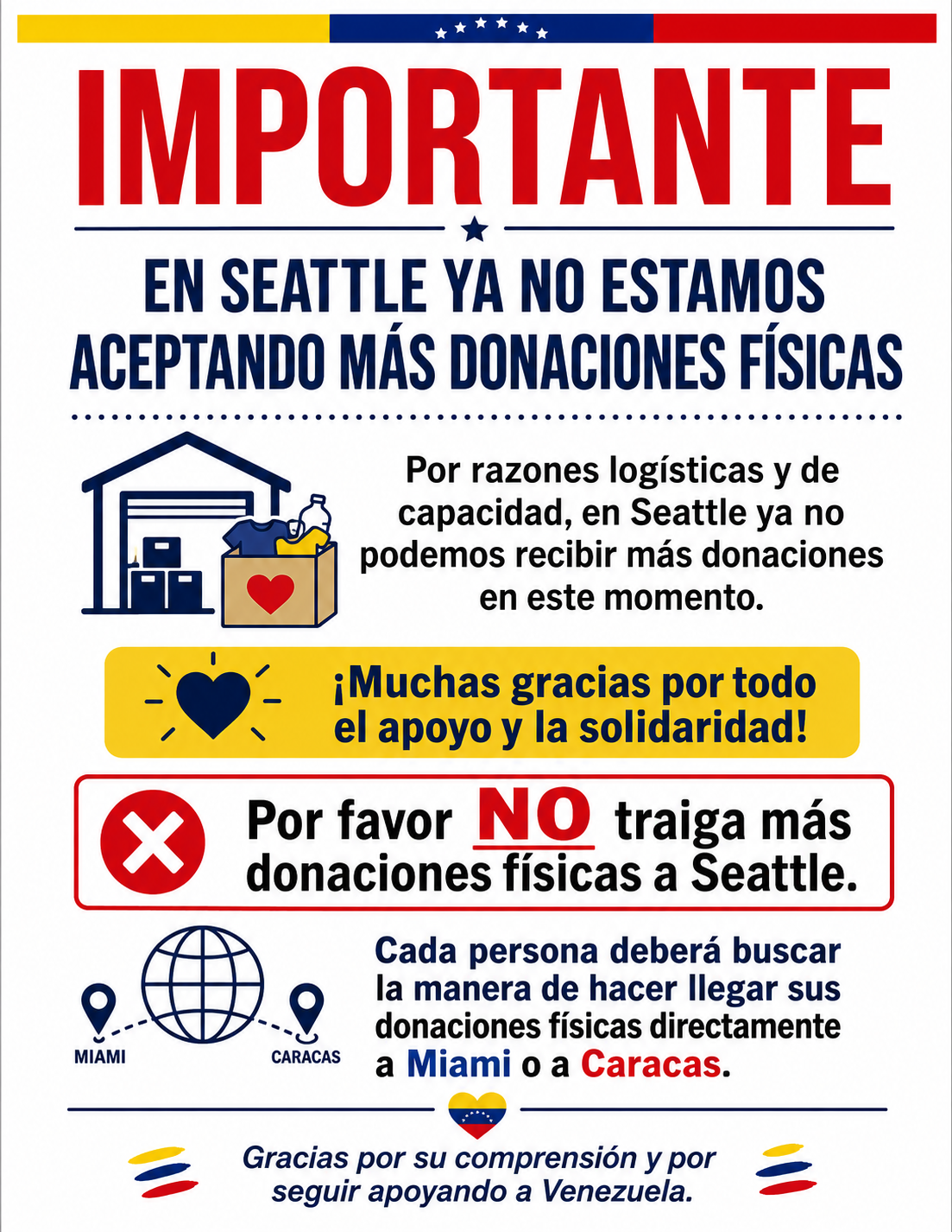 Importante: en Seattle ya no aceptamos donaciones físicas
